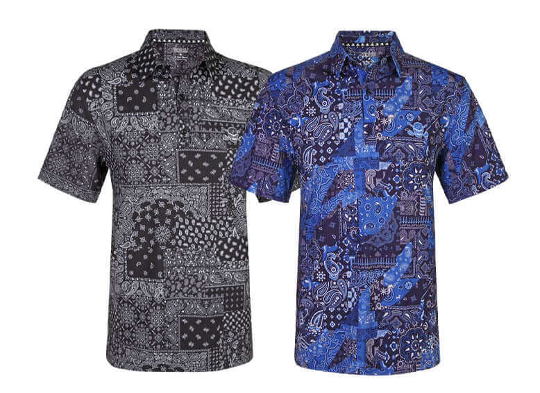 Hustler Cool-Stretch Golf Shirts in black and blue patterned designs featuring short sleeves.