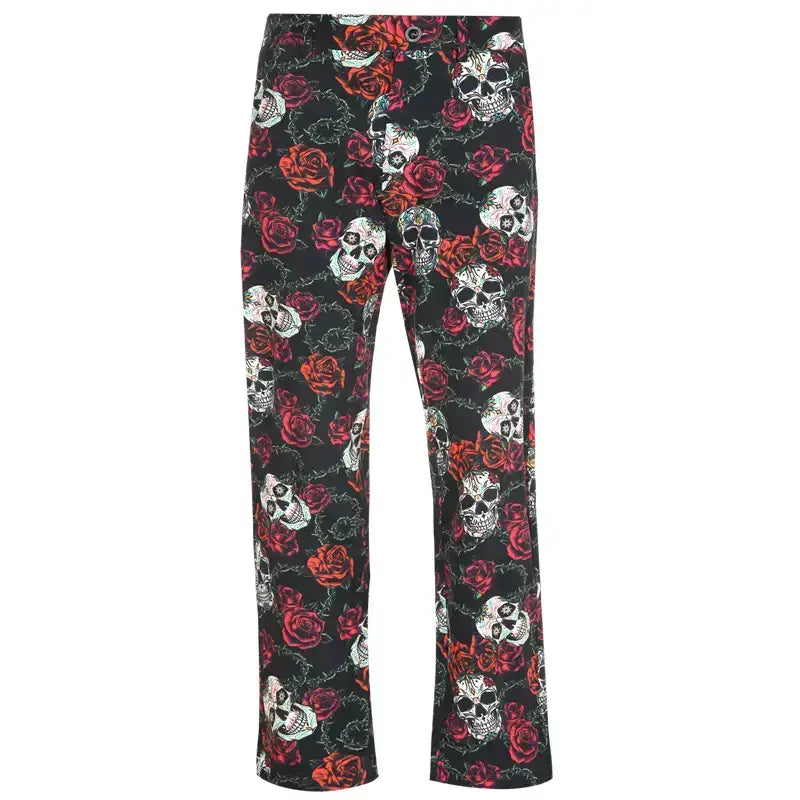 Introducing the Sugar Skulls Mens Golf Pants featuring a vibrant skull and rose design.