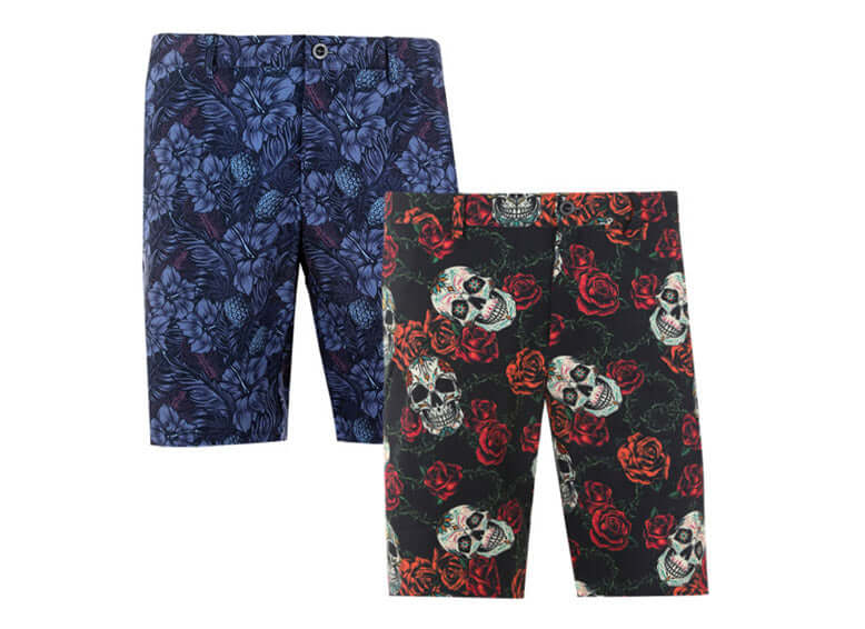 New Drop Men's Golf Shorts featuring floral and skull patterns for a bold statement.