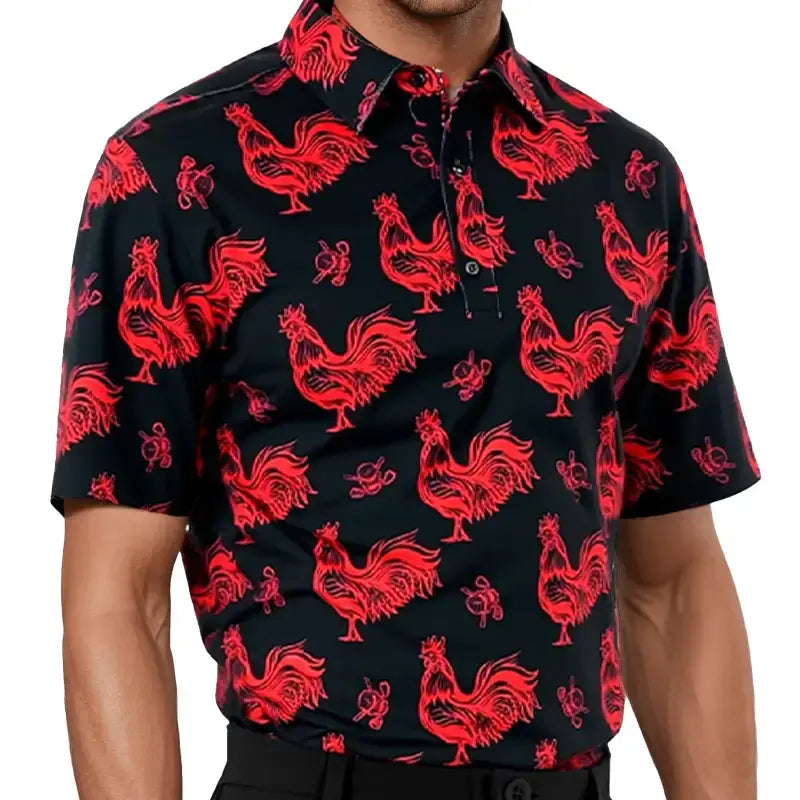 Men's Red Rooster Golf Polo featuring a vibrant rooster print on a stylish black background.