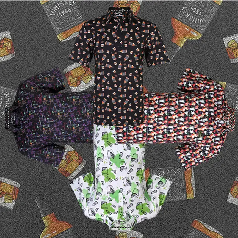 It's 5 O'Clock Somewhere cocktail golf shirts displayed in a vibrant patterned arrangement.