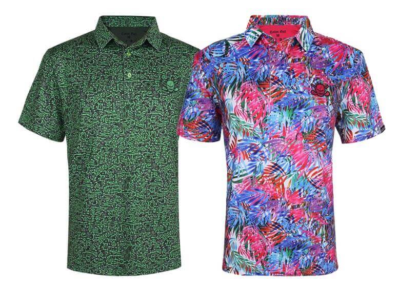 Two stylish shirts featuring vibrant designs, perfect for summertime prints and seasonal fashion.