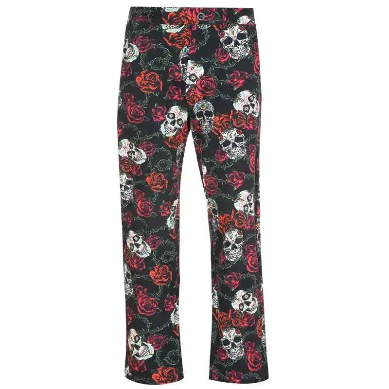 Introducing the Sugar Skulls Mens Golf Pants featuring a vibrant skull and rose design.