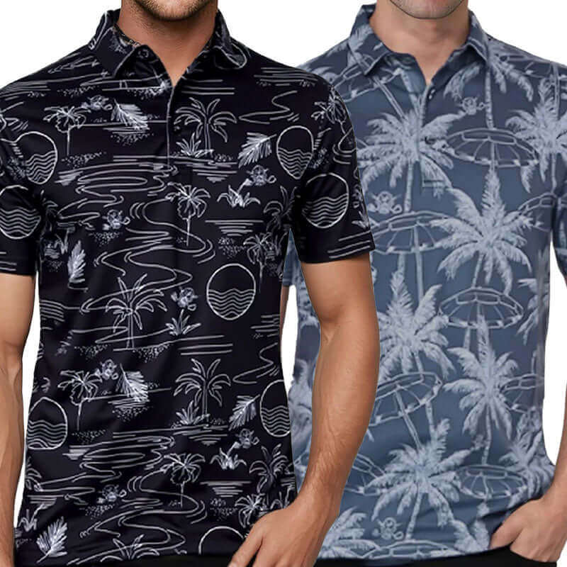 New Summertime Golf Shirts in stylish palm tree and ocean designs for a trendy golf look.