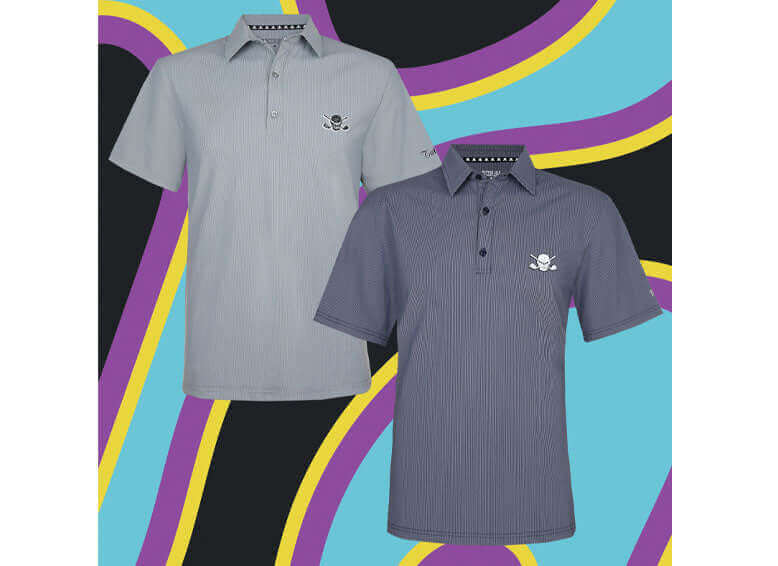 New Drop Luxe Golf Shirts in grey and navy blue designs, perfect for stylish golfing.
