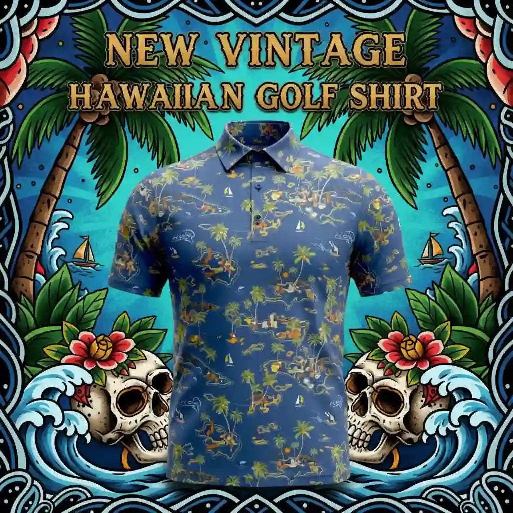 Bring Retro Aloha to Your Game The Vintage Hawaiian Golf Shirt in Ocean Blue displayed with tropical design.