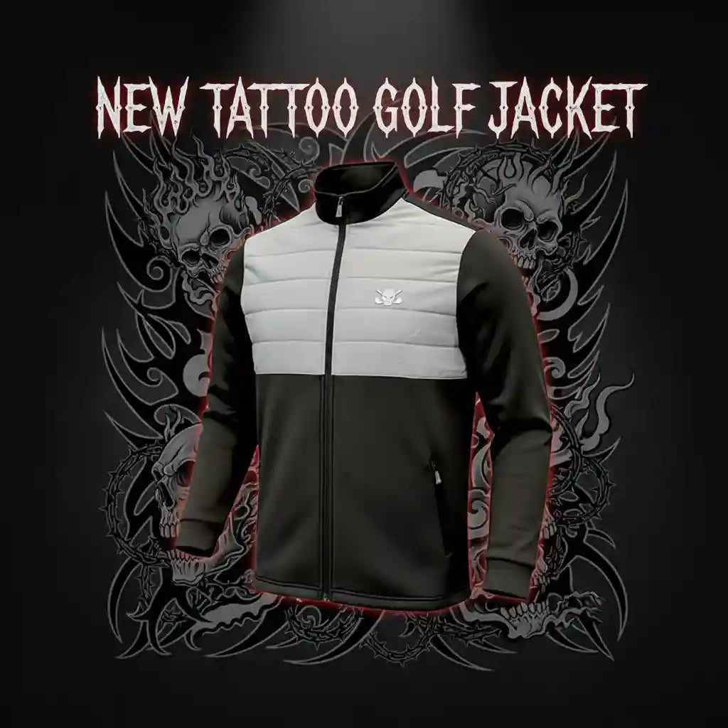 Introducing the Tattoo Golf Black Jacket featuring a sleek design and modern performance elements.