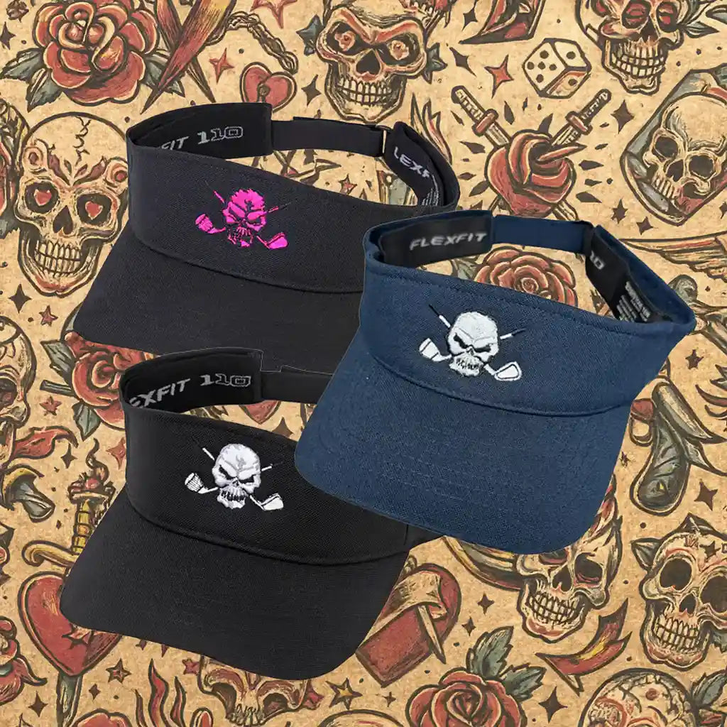 Tattoo Golf Visors displayed against a skull and rose background, showcasing bold designs and performance.
