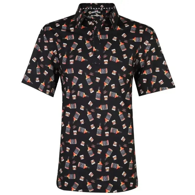 Men's golf shirt with an all-over print of colorful whiskey bottles on a black background, featuring a classic collar and three-button placket.
