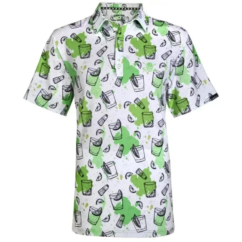 19th Hole Cool-Stretch Men's Golf Shirt in Green featuring a vibrant cocktail and skull print design.