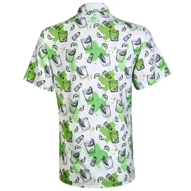 Back view of the 19th Hole Cool-Stretch Men's Golf Shirt with a colorful cocktail and skull print in green.