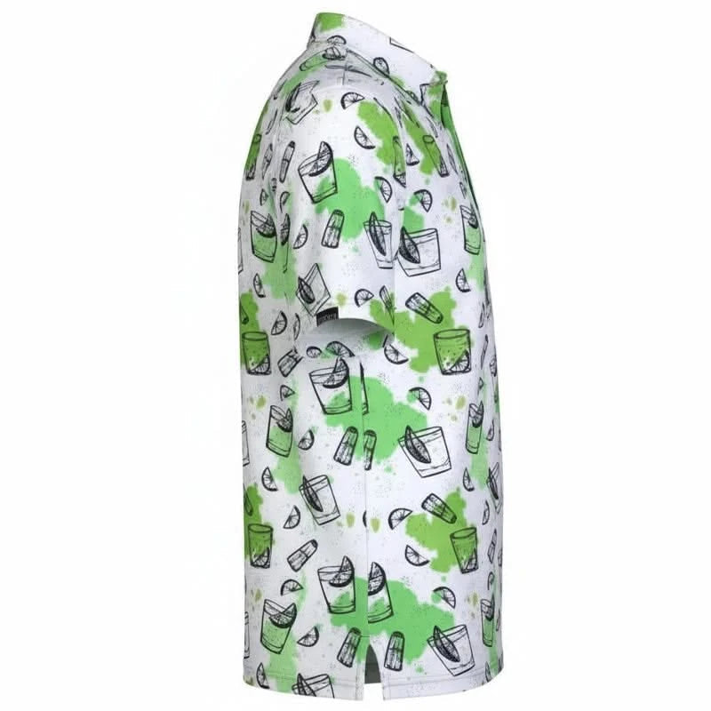 Tattoo Golf 19th Hole men's polo in green, shown from the side with its green and black print on white.