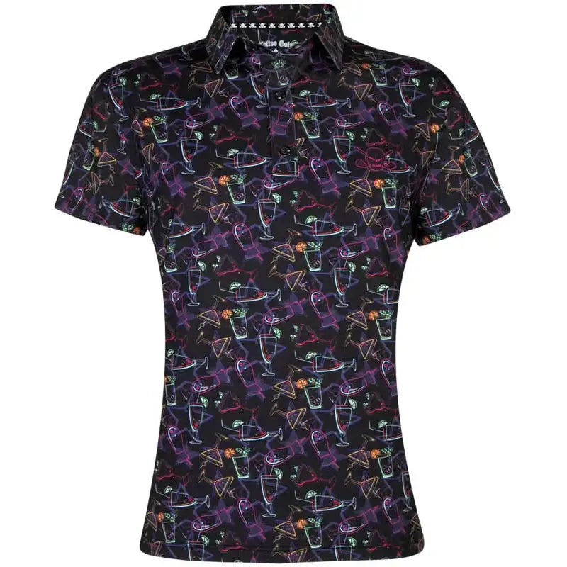 Ladies neon golf shirt with a skull and golf club pattern.