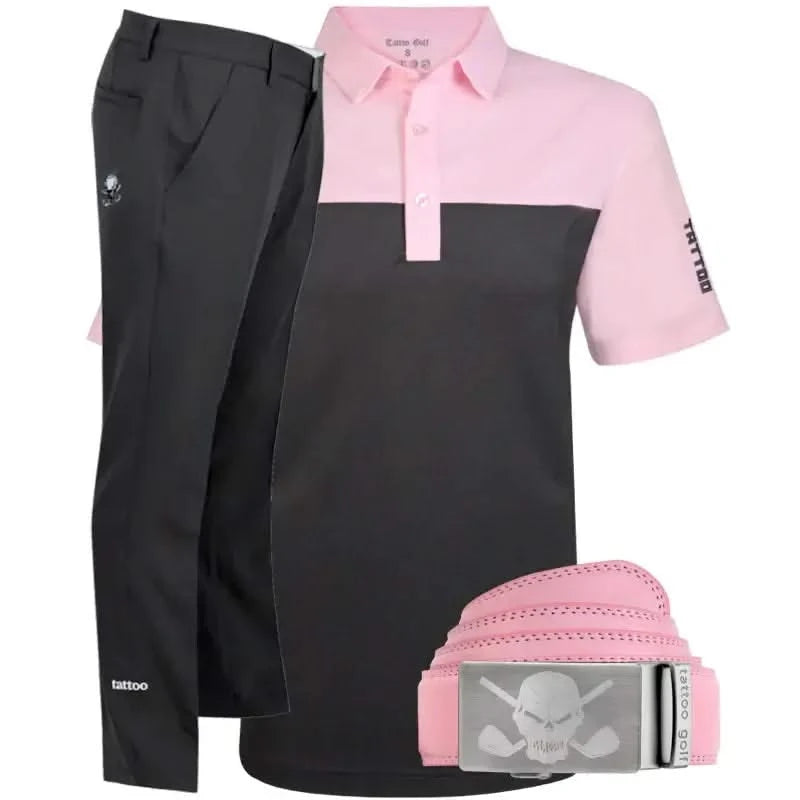 Pink and black polo shirt with black pants and pink premium leather belt