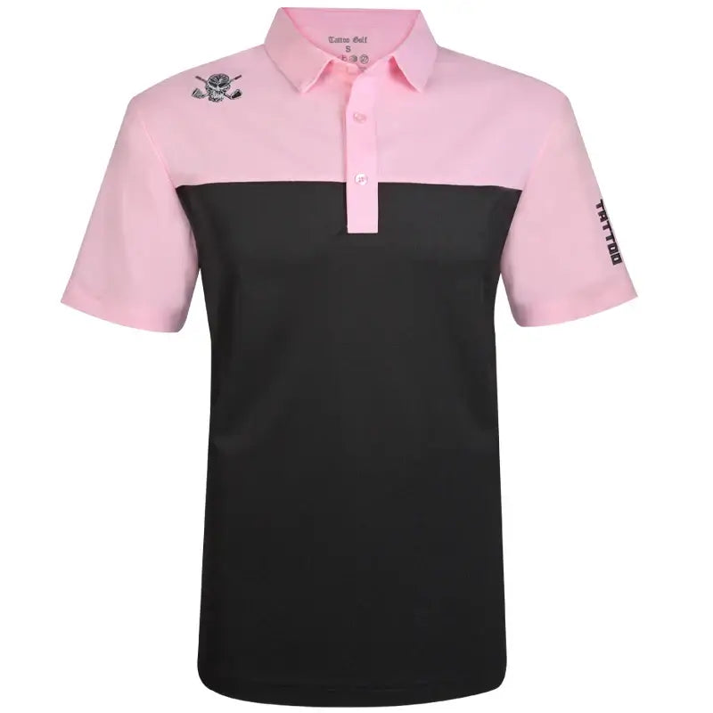 A 2-tone cool-stretch men's golf shirt with a black and pink colorway, featuring a three-button placket, embroidered skull logo on the front, and moisture-wicking fabric.