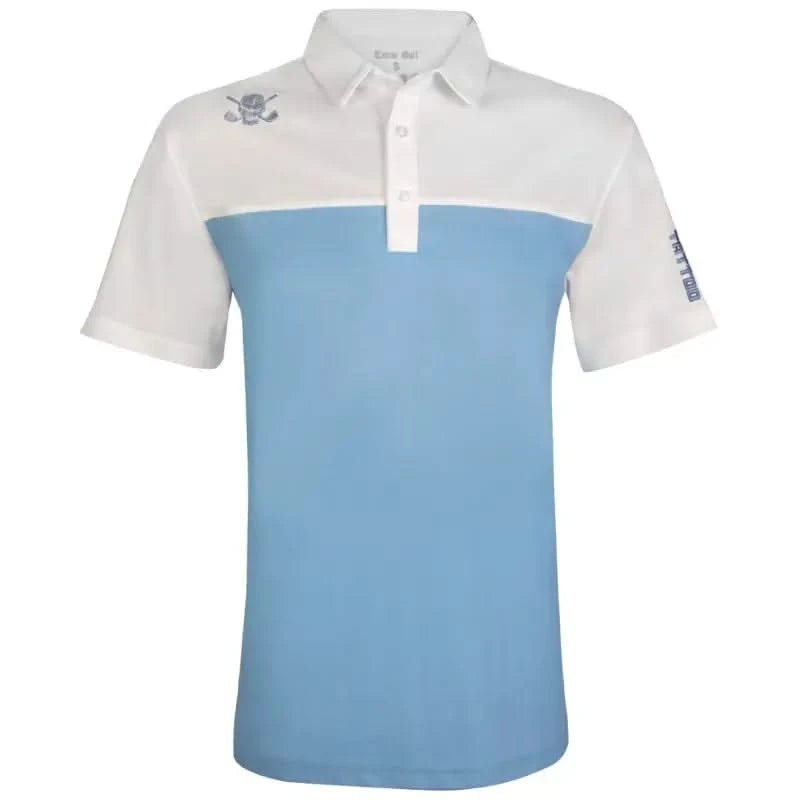 A 2-tone blue and white cool-stretch men's golf shirt with a collar, embroidered skull logo on the chest, and a TATTOO brand tag on the sleeve.