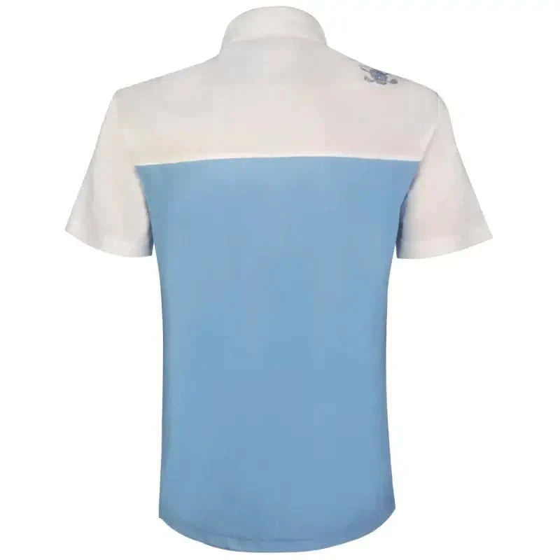 Back view of the 2-Tone Cool-Stretch Men's Golf Shirt in Blue/White, showcasing its stylish design.