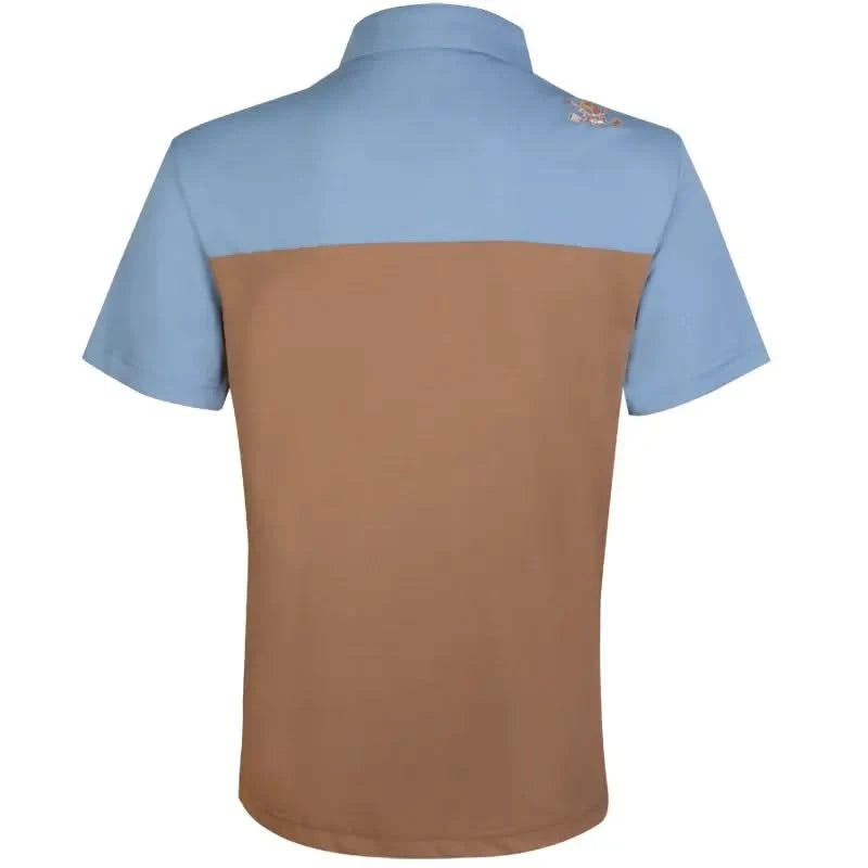 Back view of the 2-Tone Cool-Stretch Men's Golf Shirt in Brown/Blue, featuring stylish two-tone design.