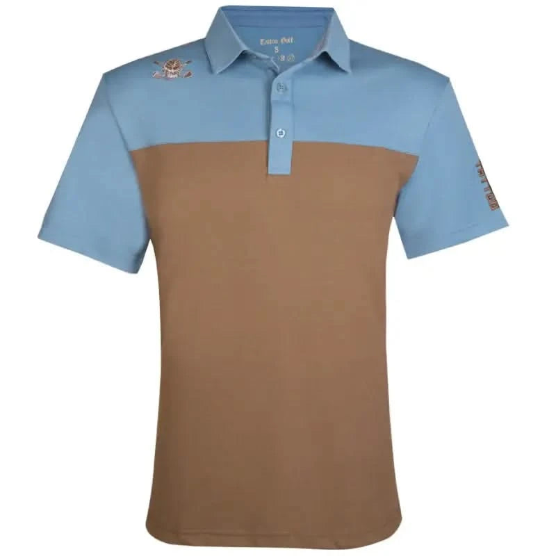 2-Tone Cool-Stretch Men's Golf Shirt in Brown/Blue, featuring stylish design and bold two-tone colorway.