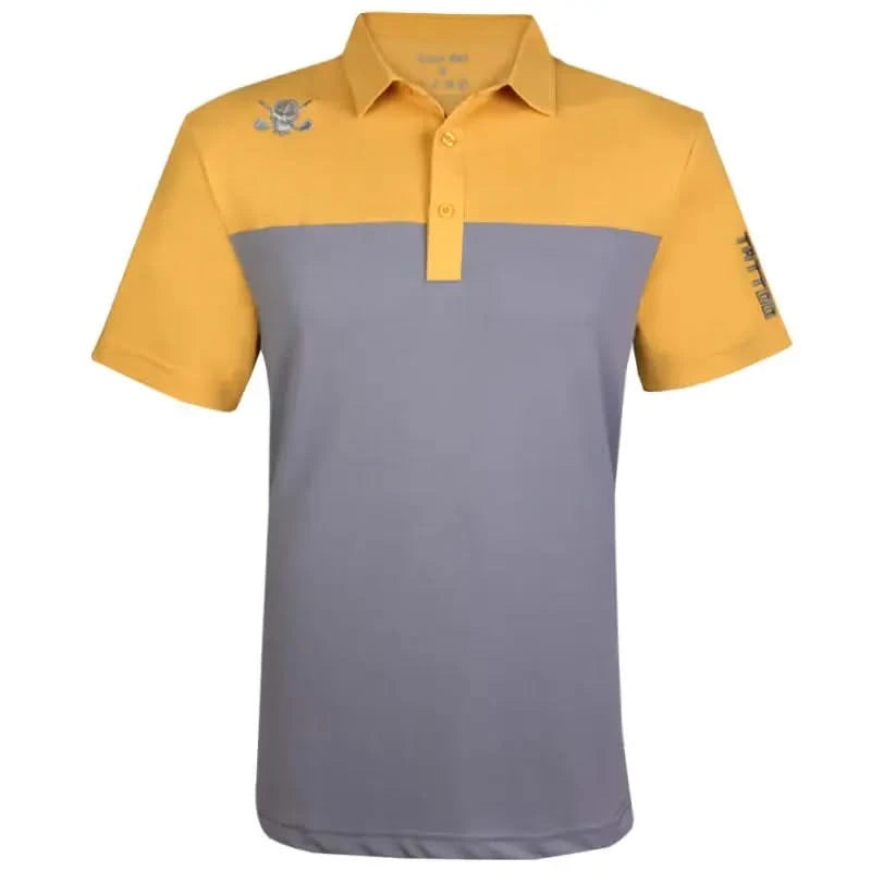 2-Tone Cool-Stretch Men's Golf Shirt in Grey/Gold with embroidered skull logo.