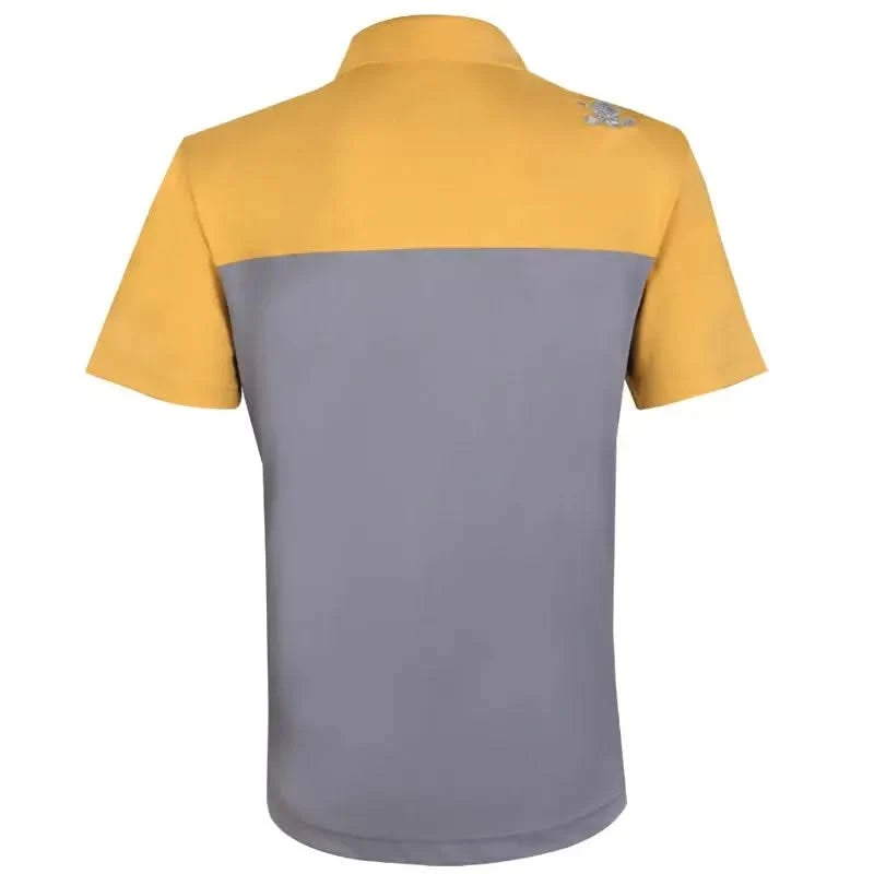 Back view of 2-Tone Cool-Stretch Men's Golf Shirt in Grey/Gold showcasing stylish two-tone design.