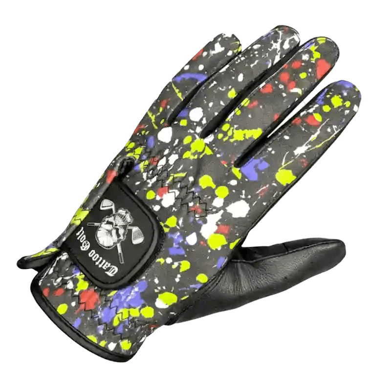 A-Game Cabretta Leather Men's Golf Glove featuring a vibrant splatter design on a black background.