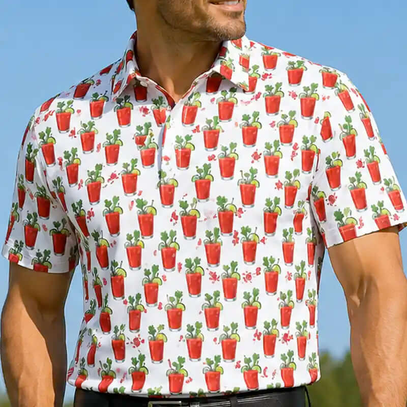 golfer wearing a bloody mary golf shirt with red and green pattern against a blue sky