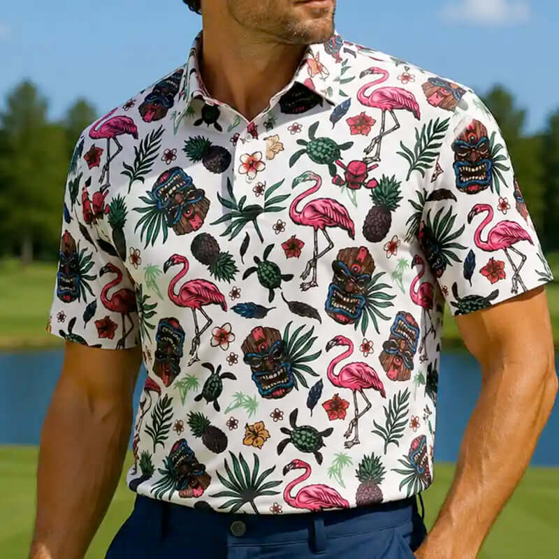 golfer wearing a hawaiian patterned shirt with flamingos and tropical designs outdoors.