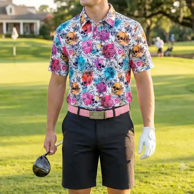 golfer on a golf course wearing a colorful floral and skull patterned polo shirt.