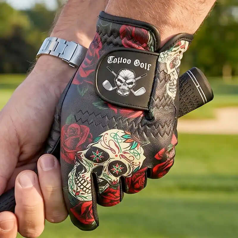 men's sugar skull golf glove on a golfer