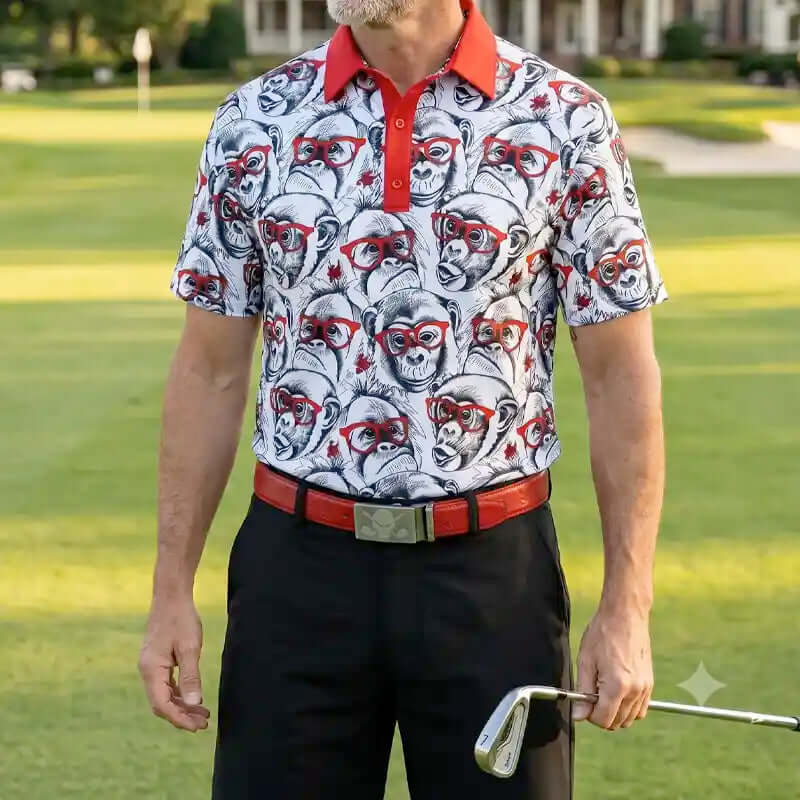 golfer wearing a monkey patterned shirt and red golf belt