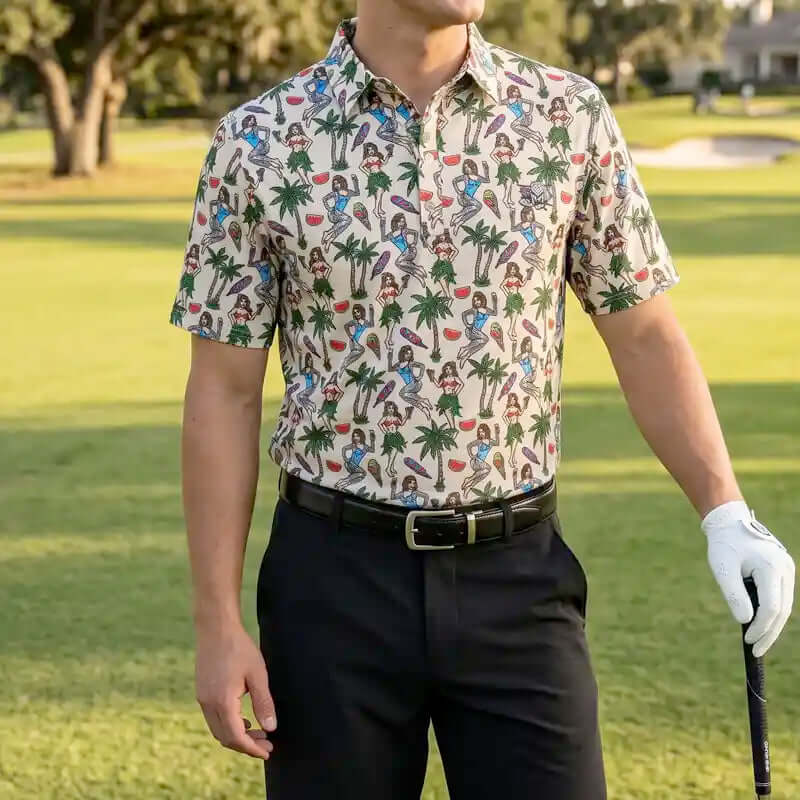 golfer wearing a hula patterned shirt and holding a golf club on a golf course