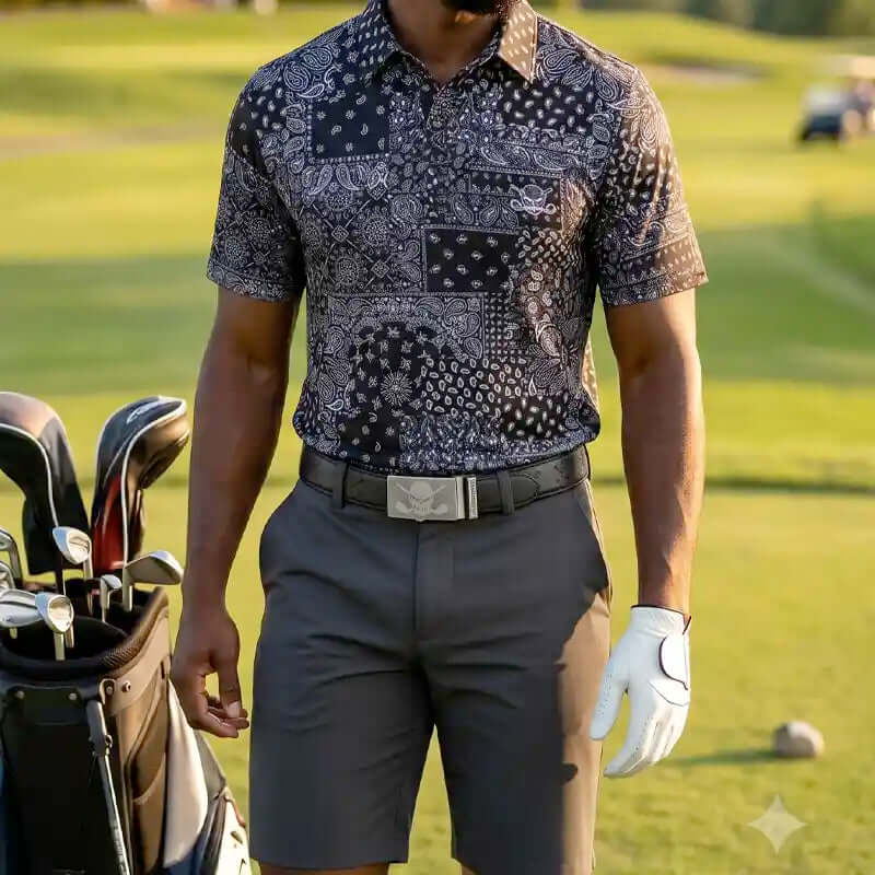 Man in patterned shirt and dark pants holding a golf club bag on a golf course