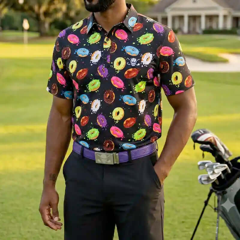 Man wearing a colorful donut pattern shirt on a golf course