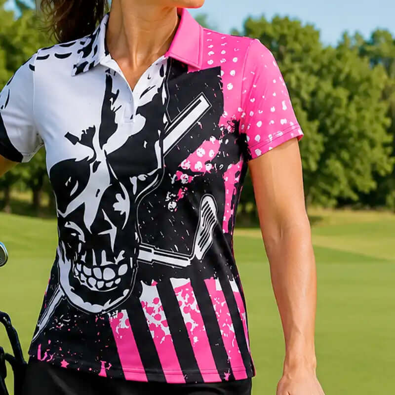 Person wearing a colorful polo shirt with skull design on a golf course