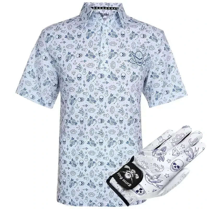 Short-sleeve shirt with skull and tattoo pattern and matching glove on a white background