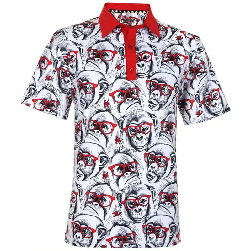 Short-sleeve golf shirt with monkey pattern and red accents