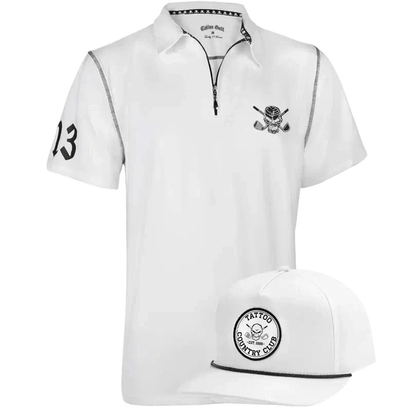 white golf shirt with zipper and white adjustable golf hat