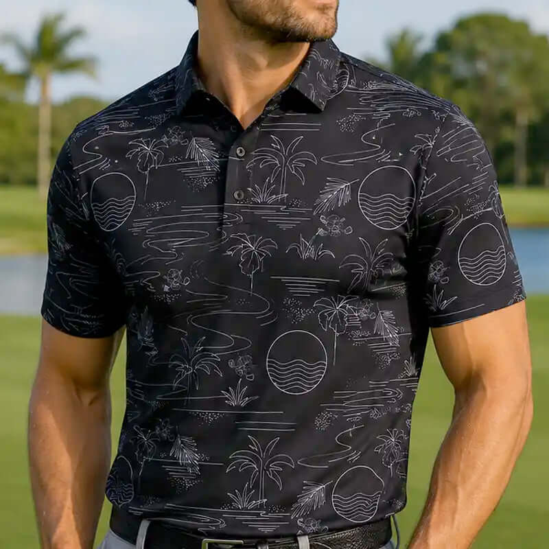 golfer wearing a black patterned polo shirt on a golf course