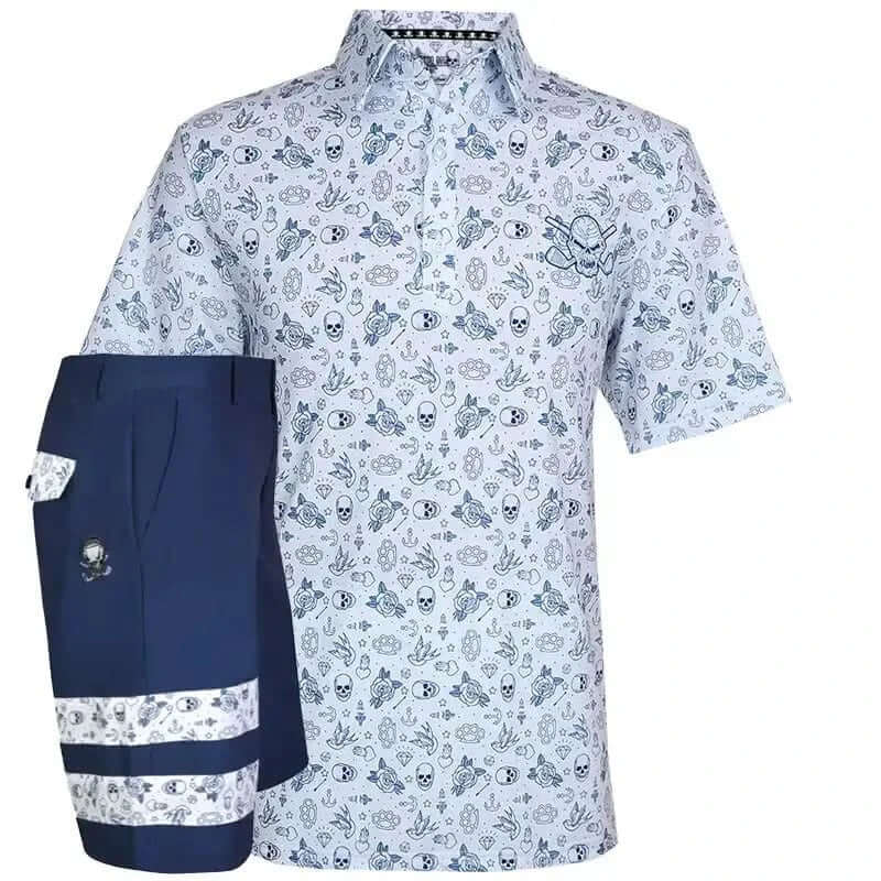 Short-sleeve shirt with skull and crossbones pattern and navy shorts