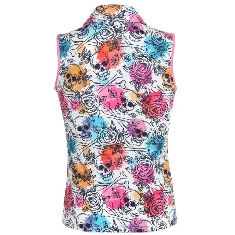 Wild and Colorful sleeveless women's golf shirt with skull and rose pattern