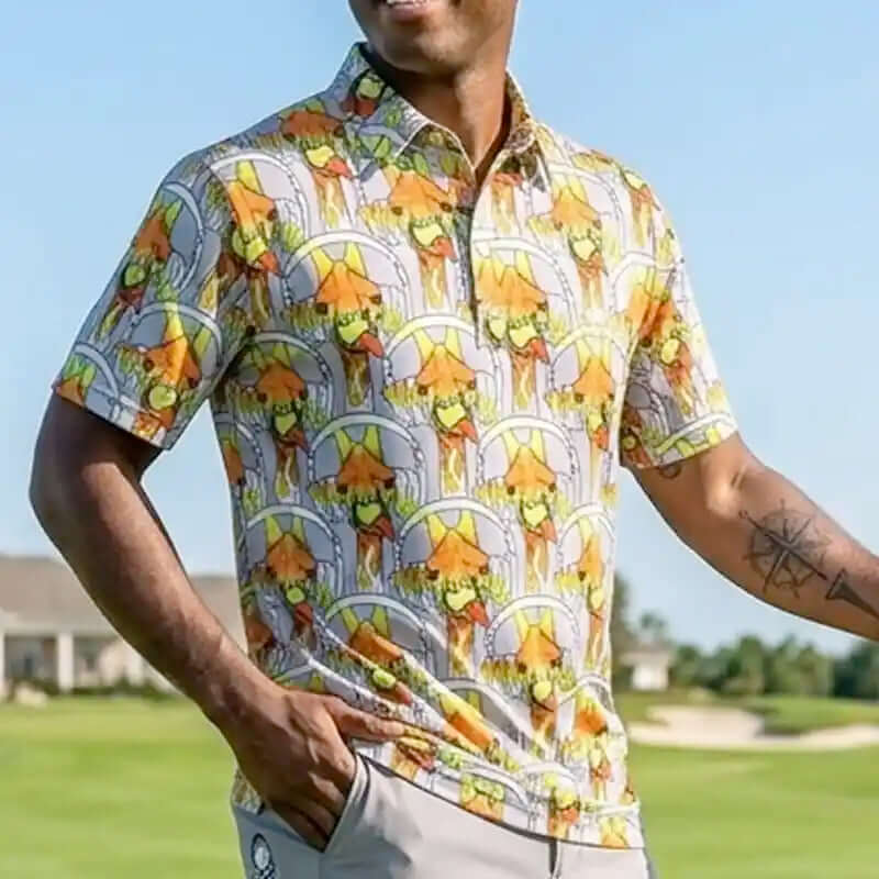 golfer wearing a colorful giraffe patterned golf shirt on a golf course