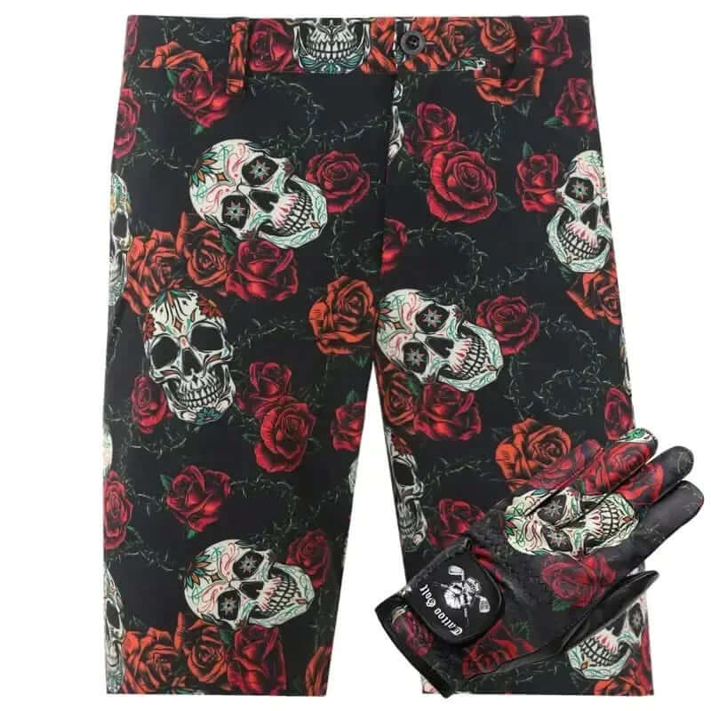 Men's golf shorts with skull and rose pattern with matching leather golf glove