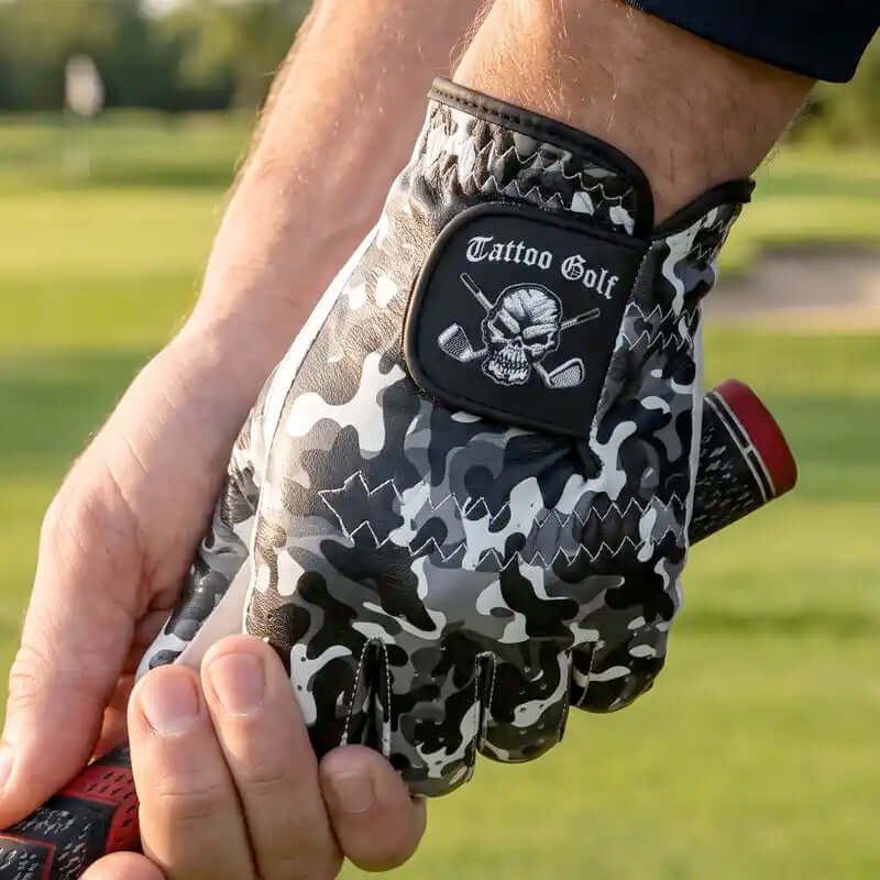 A golfers hand wearing a camouflage-patterned golf glove with a black patch that reads 'Tattoo Golf' and shows a golf club on a golf course