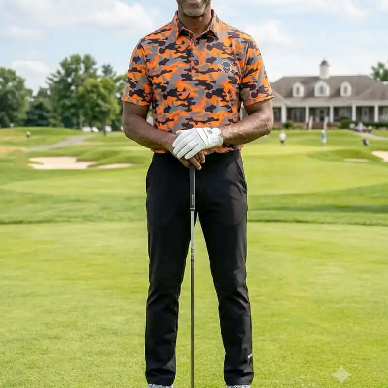 Man in camouflage shirt and black pants holding a golf club on a golf course