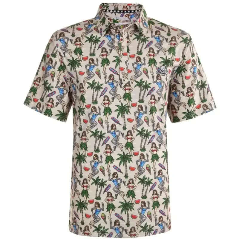 A sand-colored men's golf shirt with a Hawaiian-themed pattern featuring Hula girls and a skull and crossed clubs emblem.
