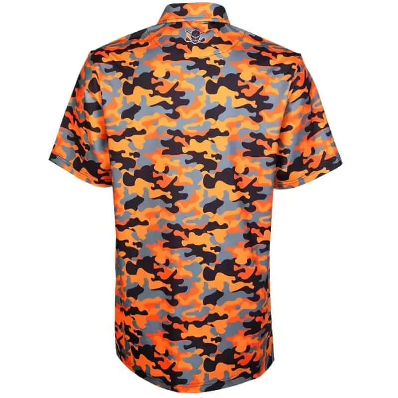Back view of the Camo Cool-Stretch Golf Shirt featuring an orange camo pattern.