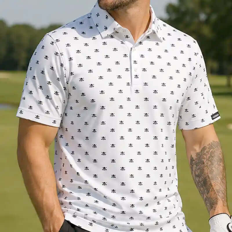 Man wearing a white polo shirt with black skull pattern