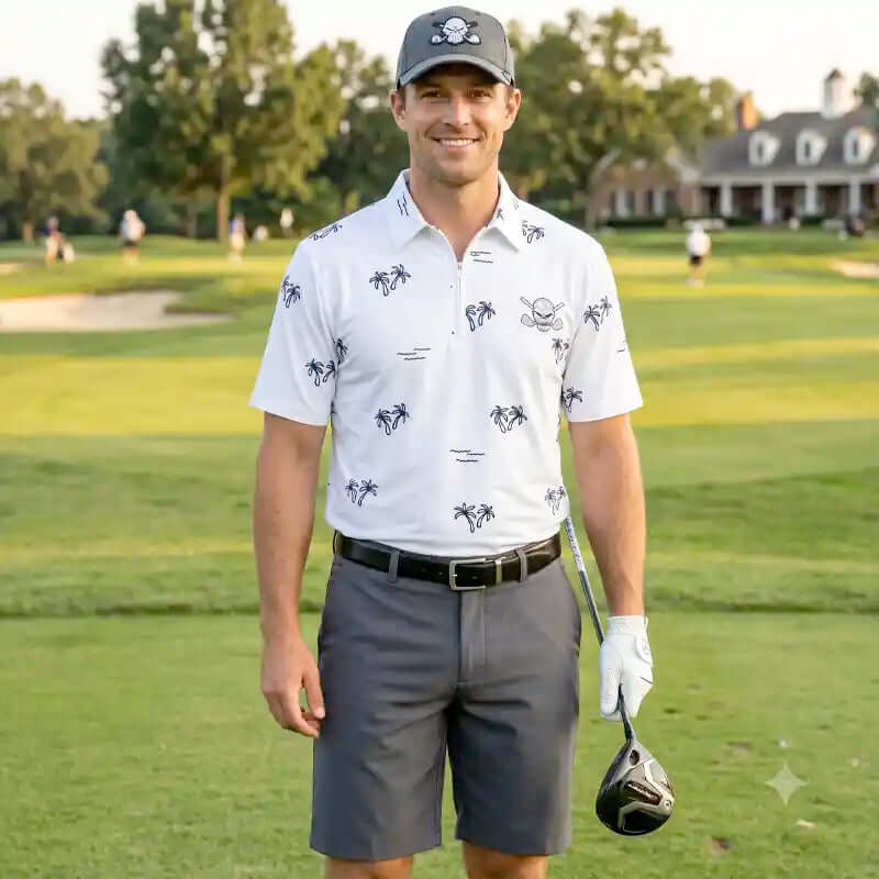 men's golf outfit on a golf course wearing a patterned shirt and cap, holding a golf club.