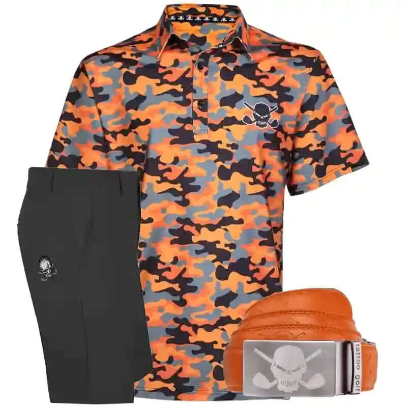 Camouflage design orange golf shirt with skull design, black shorts, and premium leather orange golf ratchet belt with skull buckle